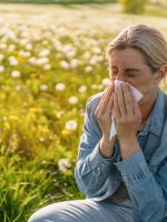 Woman,Sniffling,Into,A,Handkerchief,In,A,Field,Full,Of