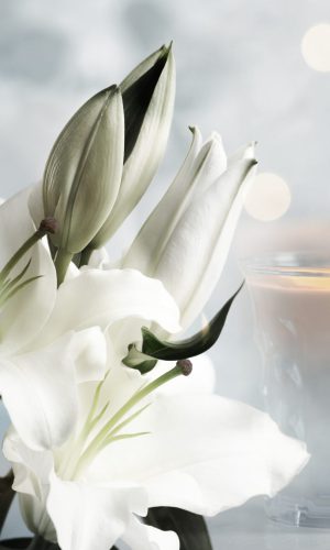 Funeral.,Beautiful,Lilies,And,Burning,Candle,On,Light,Blurred,Background,