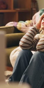 Woman,,Stress,And,Moving,On,Floor,In,House,With,Boxes,